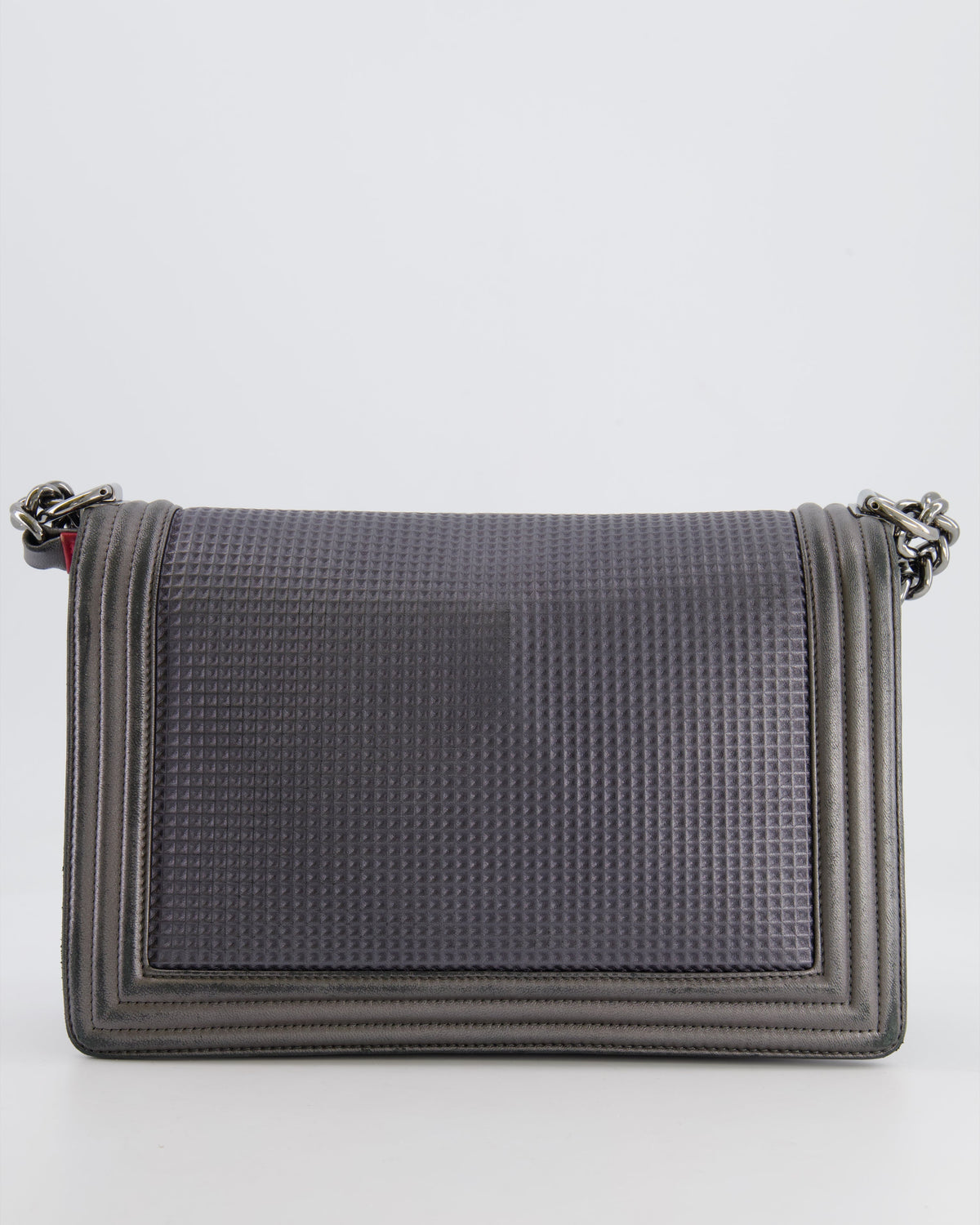 Chanel Grey Silver Medium Cube Calfskin Boy Bag with Silver, Gold and Red Hardware Hardware