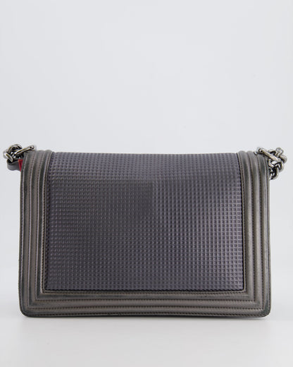 Chanel Grey Silver Medium Cube Calfskin Boy Bag with Silver, Gold and Red Hardware Hardware