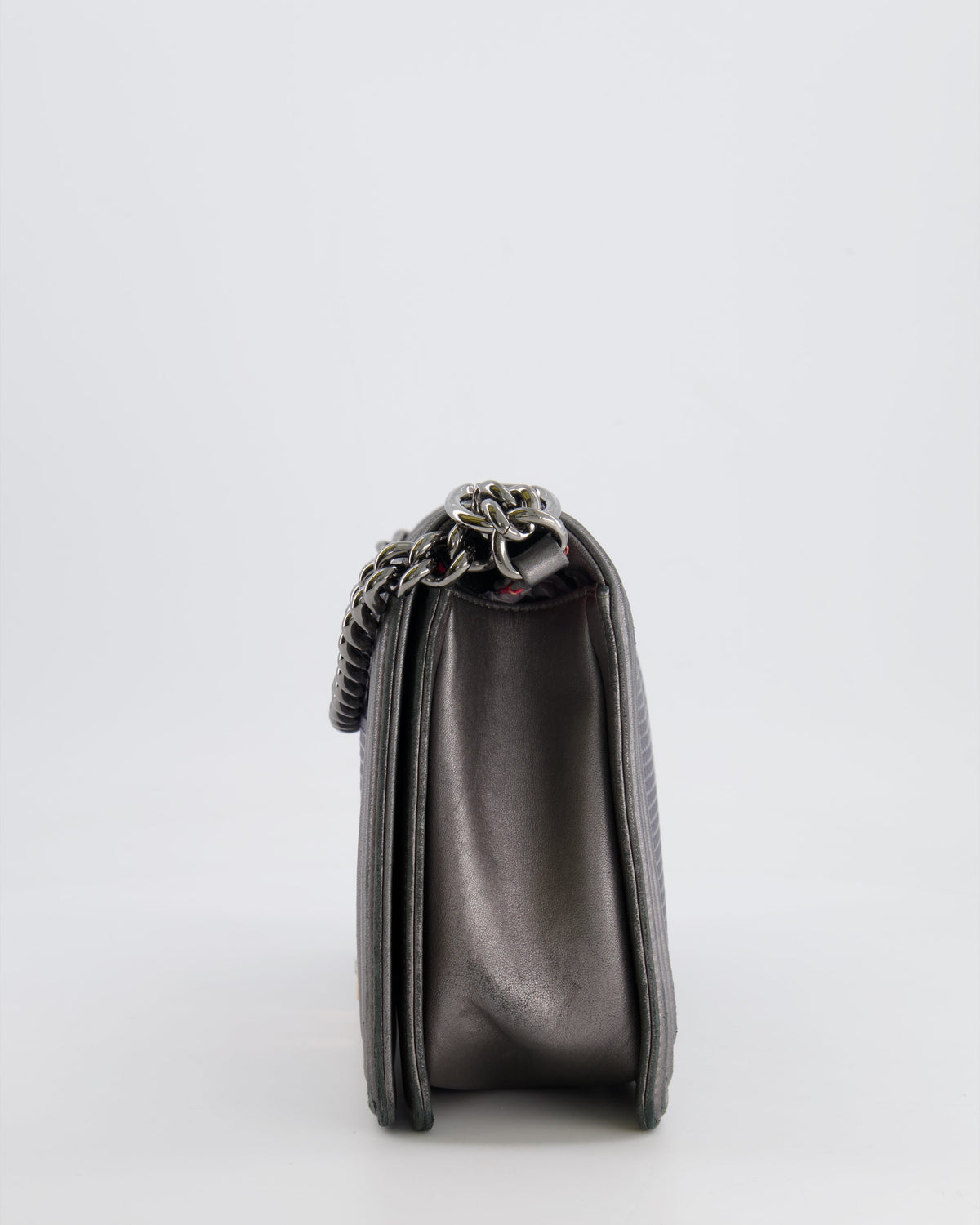 Chanel Grey Silver Medium Cube Calfskin Boy Bag with Silver, Gold and Red Hardware Hardware