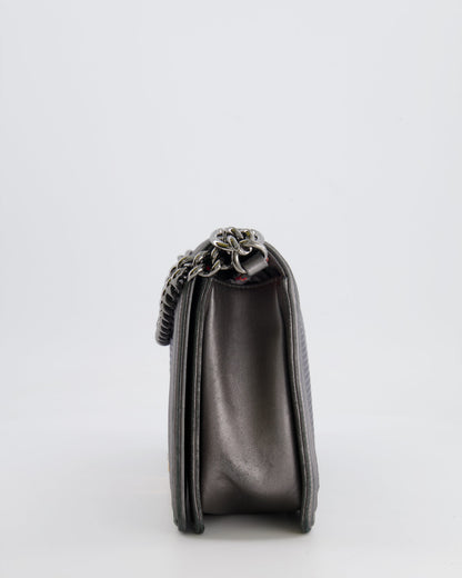 Chanel Grey Silver Medium Cube Calfskin Boy Bag with Silver, Gold and Red Hardware Hardware