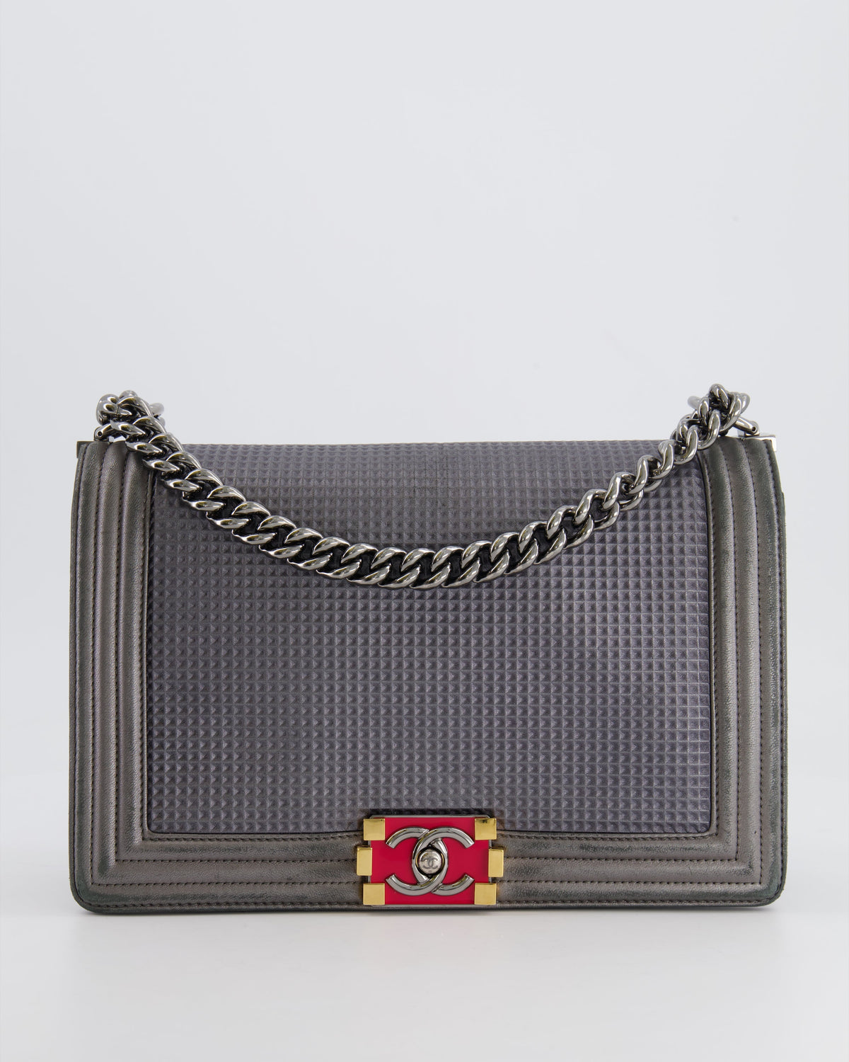 Chanel Grey Silver Medium Cube Calfskin Boy Bag with Silver, Gold and Red Hardware Hardware