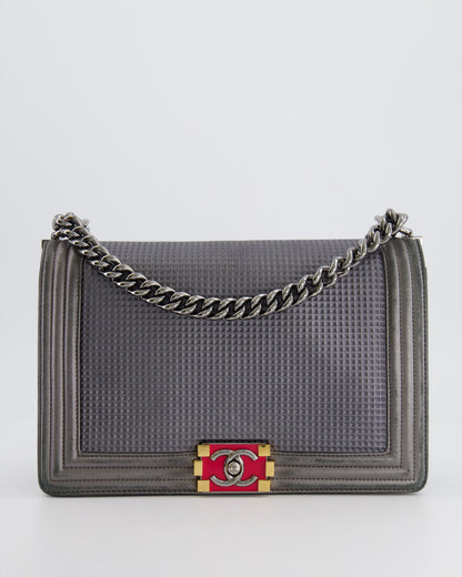 Chanel Grey Silver Medium Cube Calfskin Boy Bag with Silver, Gold and Red Hardware Hardware