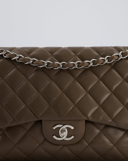 Chanel Khaki Brown Jumbo Classic Double Flap Bag in Caviar Leather with Silver Hardware