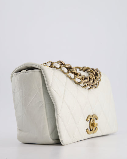 Chanel White Single Flap Bag Aged Calfskin Leather with Antique Gold Hardware