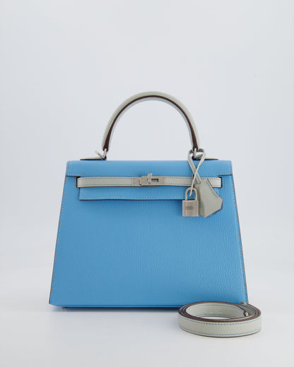 *VERY RARE* Hermès Kelly Sellier HSS 25cm Bag in Bleu Celeste and Gris Perle Chèvre Leather with Contrast Stitching and Brushed Palladium Hardware