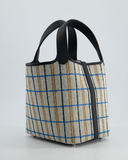 Hermes Picotin 18cm Broderie Couverture in Ecru, Noir, Fauve, Bleu Zanzibar Toile Canvas & Noir Swift Leather with Palladium Hardware