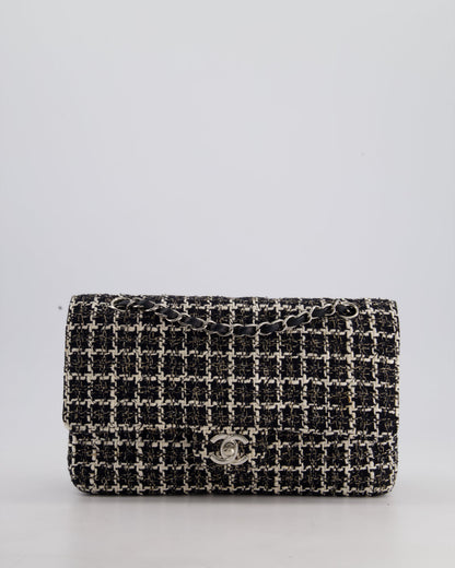 Chanel Medium Classic Double Flap Bag in Black and White Tweed with Silver Hardware
