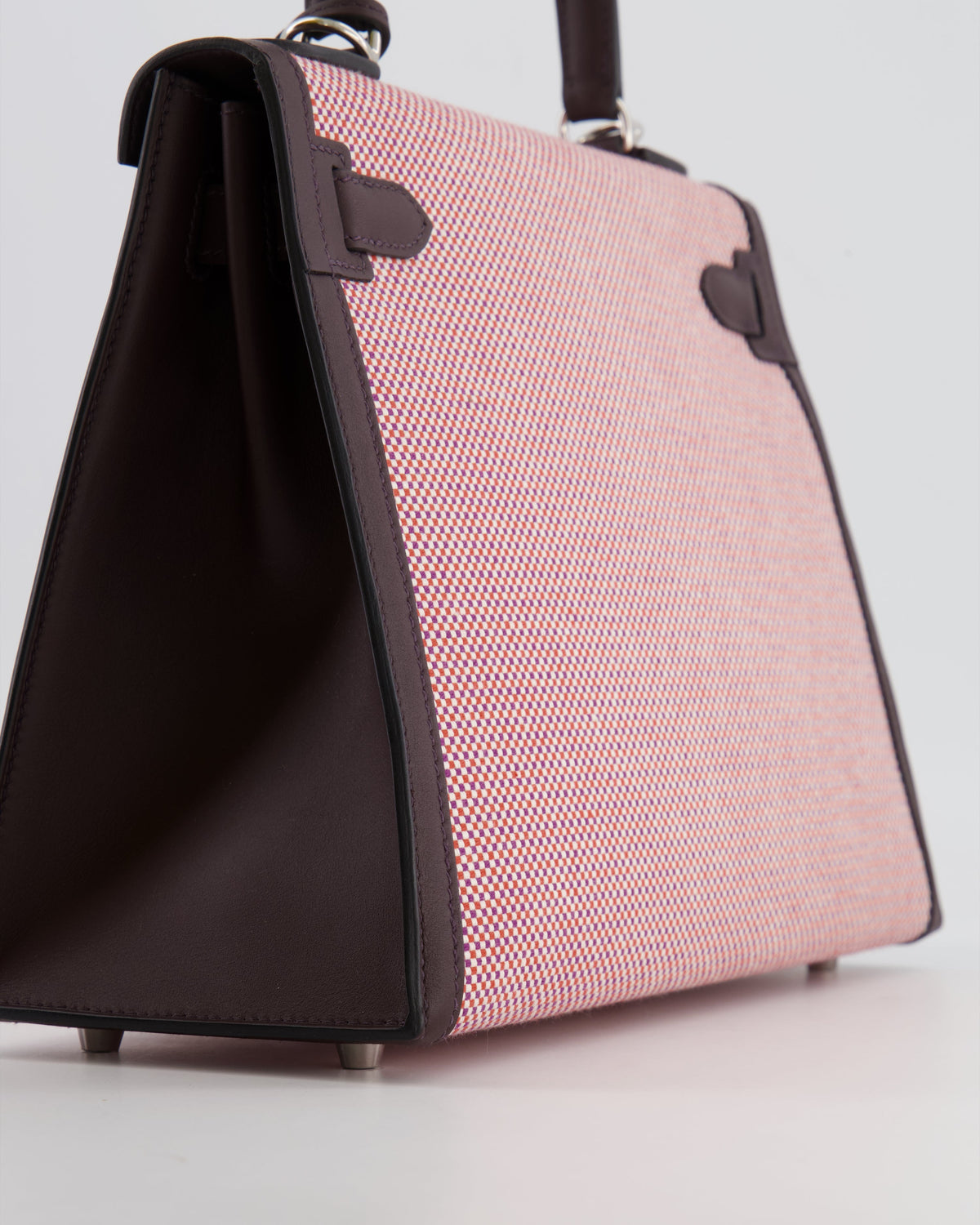 Hermès Kelly Sellier Bag 28cm in Ecru & Red Toile Quadrille with Rouge Sellier Swift Leather and Palladium Hardware