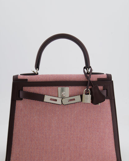 Hermès Kelly Sellier Bag 28cm in Ecru & Red Toile Quadrille with Rouge Sellier Swift Leather and Palladium Hardware
