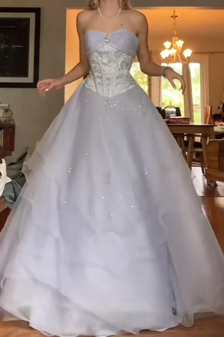 Princess Light Purple Strapless Beaded Tulle Long Ball Gown Evening Dress cc4955