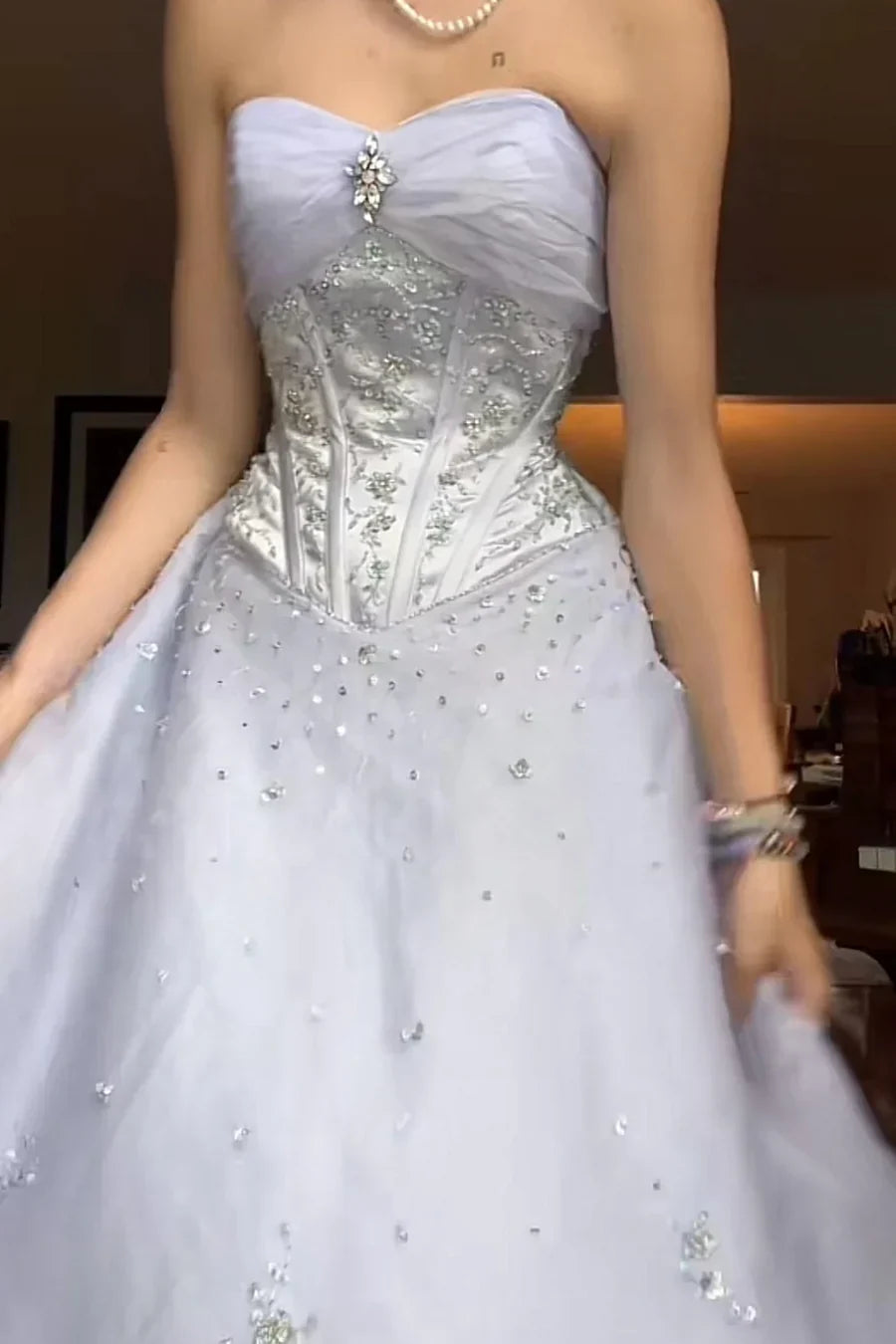 Princess Light Purple Strapless Beaded Tulle Long Ball Gown Evening Dress cc4955
