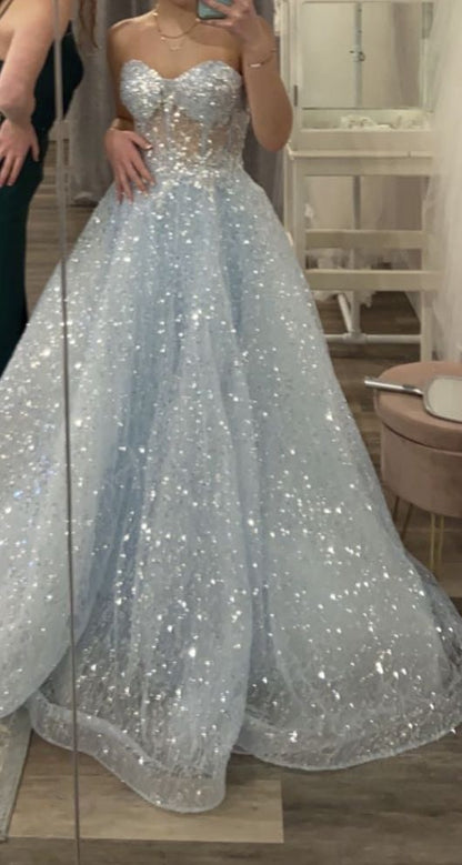 Shining Princess Light Blue Strapless Sequin Long Ball Gown Evening Dress cc4973