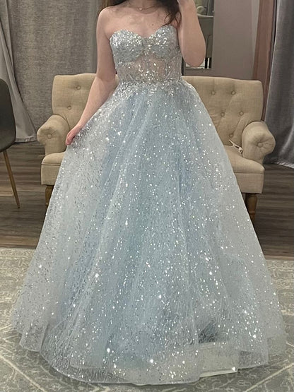 Shining Princess Light Blue Strapless Sequin Long Ball Gown Evening Dress cc4973