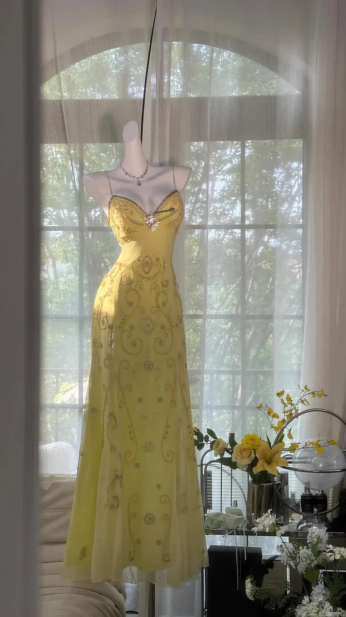Shiny Yellow Sequined Sweetheart Chiffon A-Line Prom Dress Evening Dress TP4308