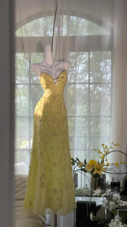 Shiny Yellow Sequined Sweetheart Chiffon A-Line Prom Dress Evening Dress TP4308