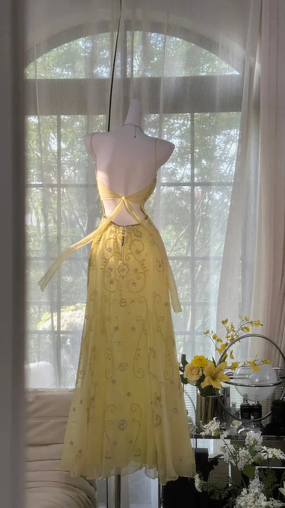 Shiny Yellow Sequined Sweetheart Chiffon A-Line Prom Dress Evening Dress TP4308