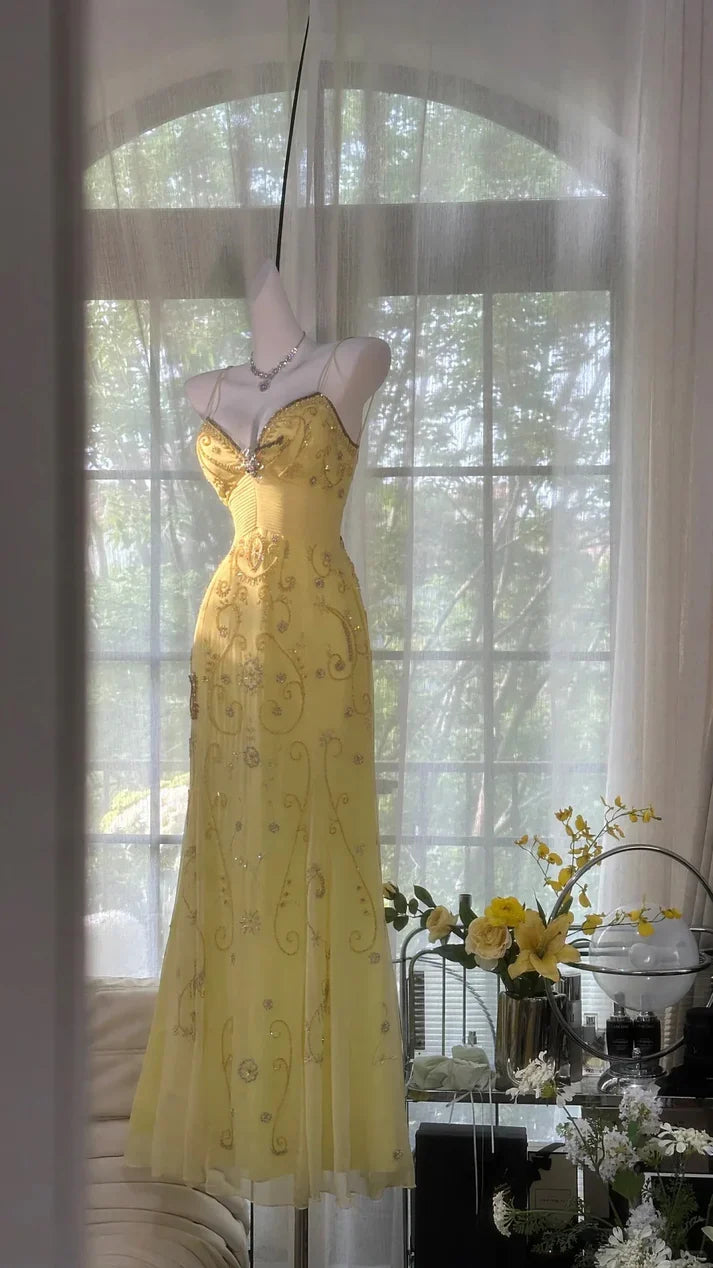 Shiny Yellow Sequined Sweetheart Chiffon A-Line Prom Dress Evening Dress TP4308