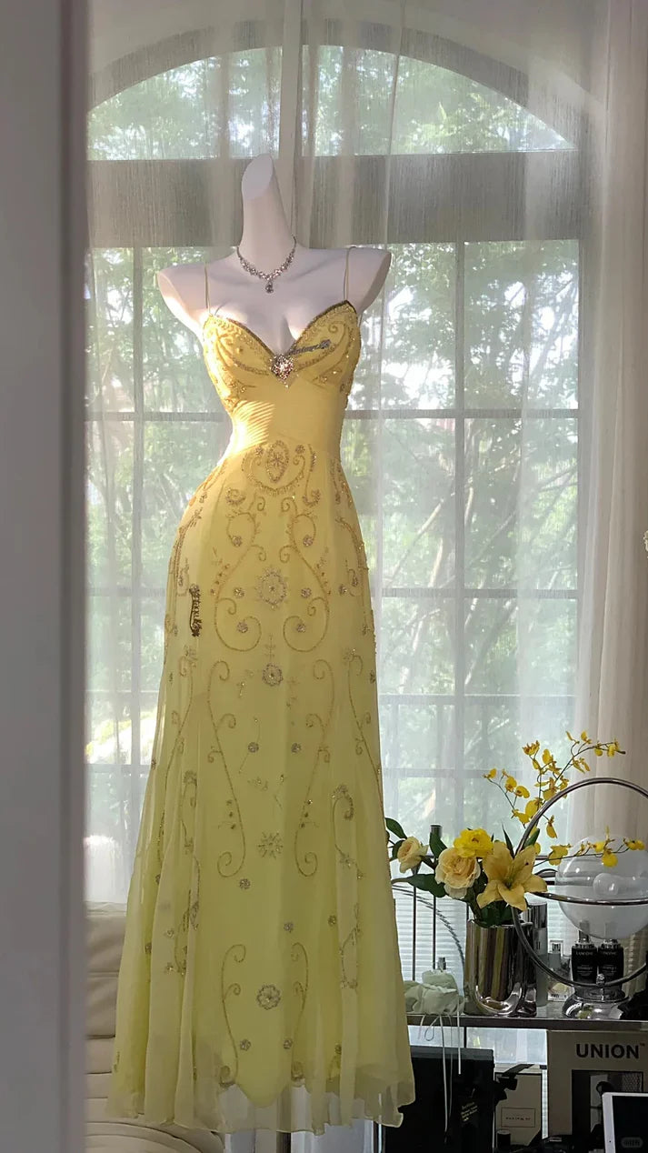 Shiny Yellow Sequined Sweetheart Chiffon A-Line Prom Dress Evening Dress TP4308