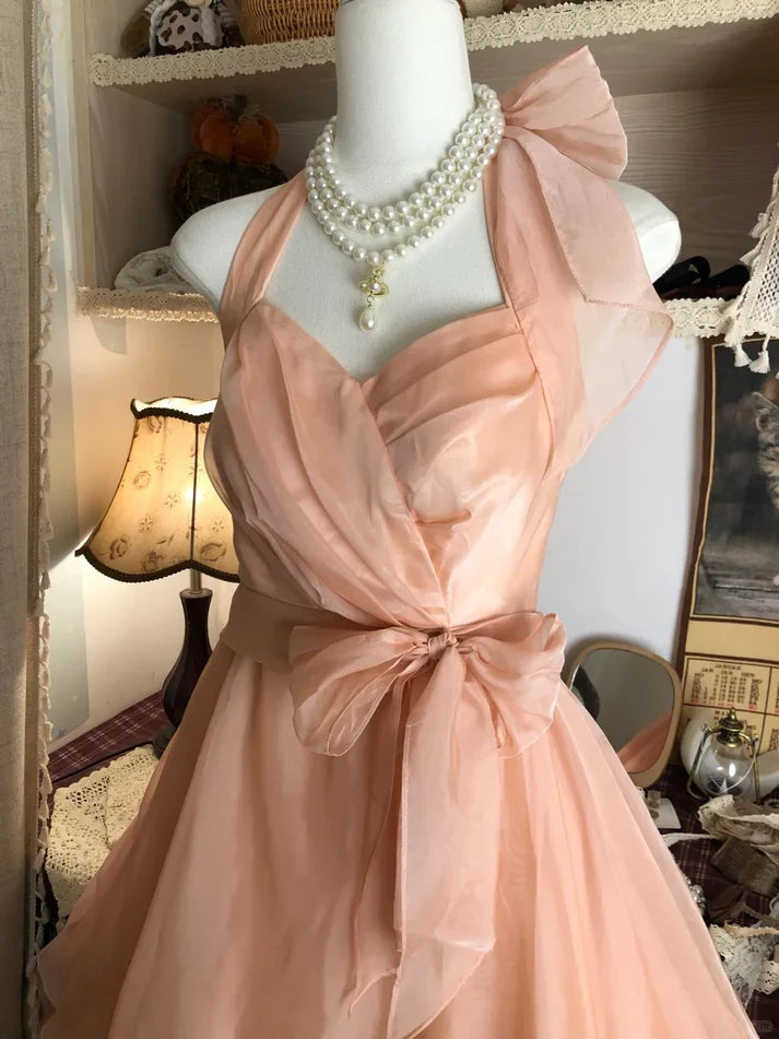 Vintage Champagne Sweetheart Halter Dress Design A-line Chiffon Party Dress Homecoming Dress TP4083