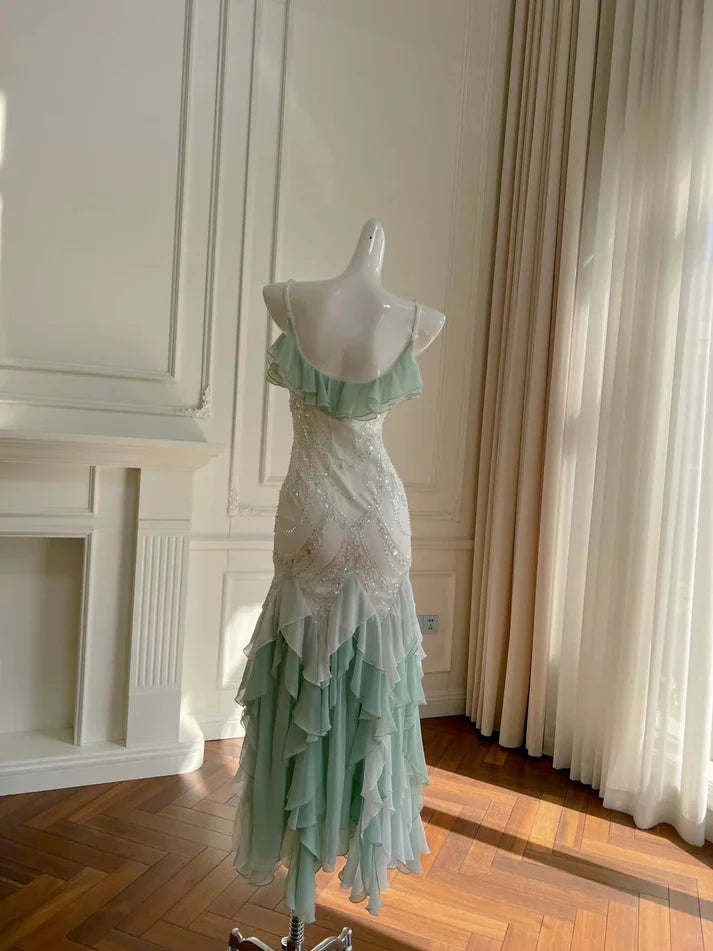 Gorgeous Shiny Beaded Spaghetti Strap Ruffles Chiffon Mermaid Prom Dress Evening Dress TP4307