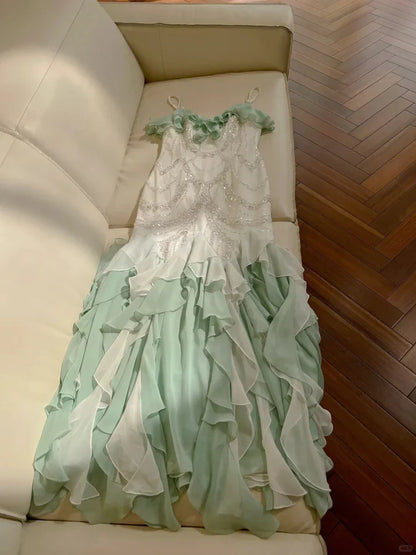 Gorgeous Shiny Beaded Spaghetti Strap Ruffles Chiffon Mermaid Prom Dress Evening Dress TP4307