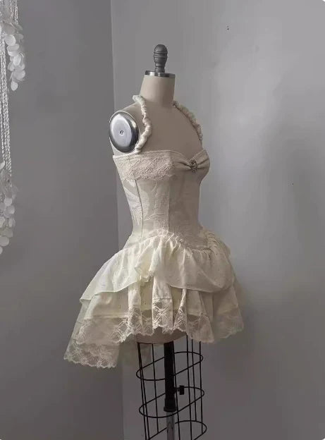 Vintage Beige Sweetheart Applique A-Line Elegant Tiered Homecoming Dress Party Dress Prom Dresses TP4139