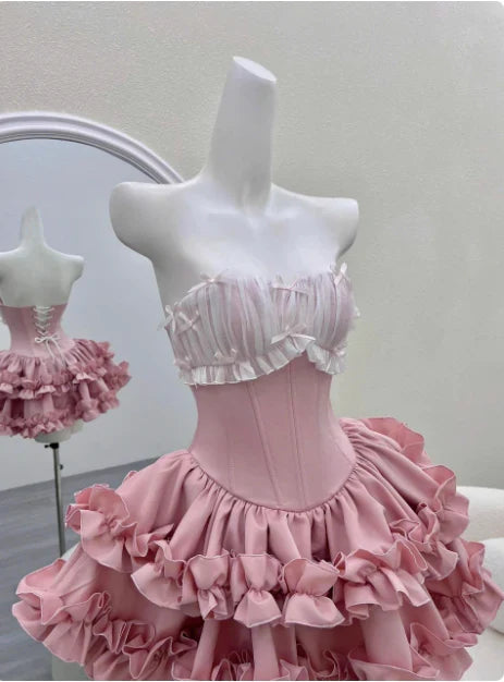 Vintage Pink Sweetheart Ruffle A-Line Tiered Short Party Dress Cocktail Dress Homecoming Dress TP4480
