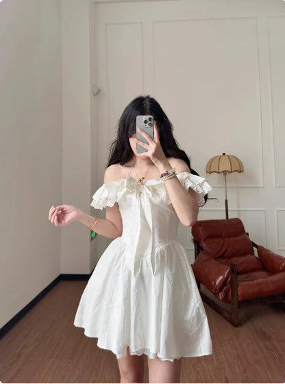 Vintage White Off-the-shoulder A-Line Lace Short Party Dress Cocktail Dress Homecoming Dress TP4478