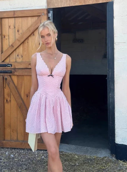 Vintage Pink V-neck Polka Dot A-Line Short Party Dress Cocktail Dress Homecoming Dress TP4475