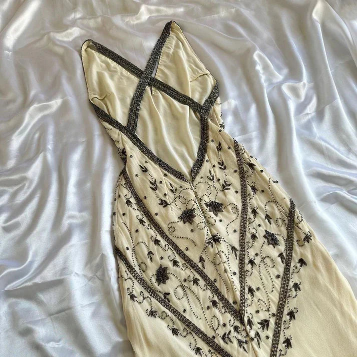 Fairytale Cream Beige/Black/Pink V Neck Sophisticated Elegant Floral Long Evening Prom Dress gh2941