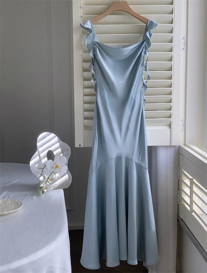 Vintage Sage Green Ruffle Mermaid Satin Long Prom Dress Party Dress Evening Dress TP4495