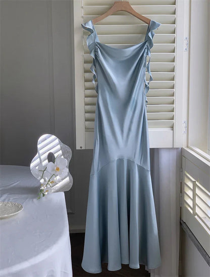 Vintage Sage Green Ruffle Mermaid Satin Long Prom Dress Party Dress Evening Dress TP4495
