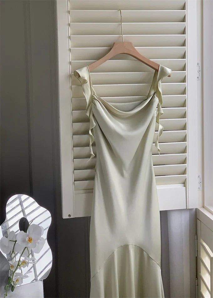 Vintage Sage Green Ruffle Mermaid Satin Long Prom Dress Party Dress Evening Dress TP4495