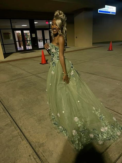 Sweet Green Strapless 3D Floral Tulle Train Ball Gown Evening Dress Sweet 16 Dress cc5209