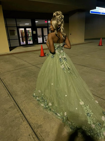 Sweet Green Strapless 3D Floral Tulle Train Ball Gown Evening Dress Sweet 16 Dress cc5209