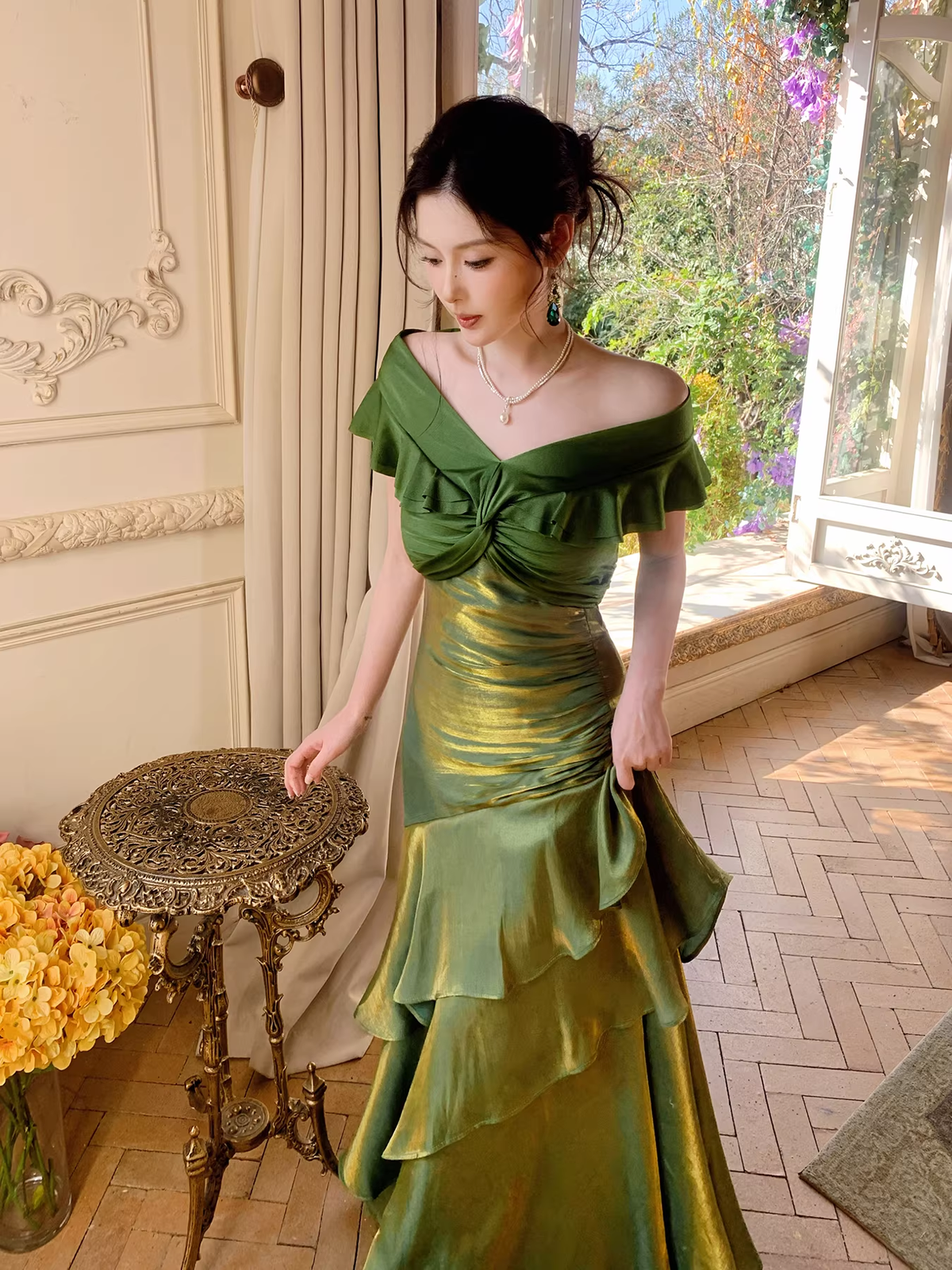 Glamorous Off The Shoulder Green Satin Ruffles Layered Mermaid Evening Dress Long Birthday Outfits SP1644