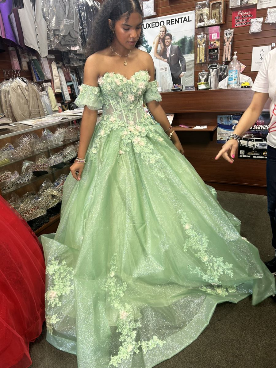 Princess Green One-Shoulder 3D Floral Tulle Ball Gown Evening Dress Sweet 16 Dress cc5225