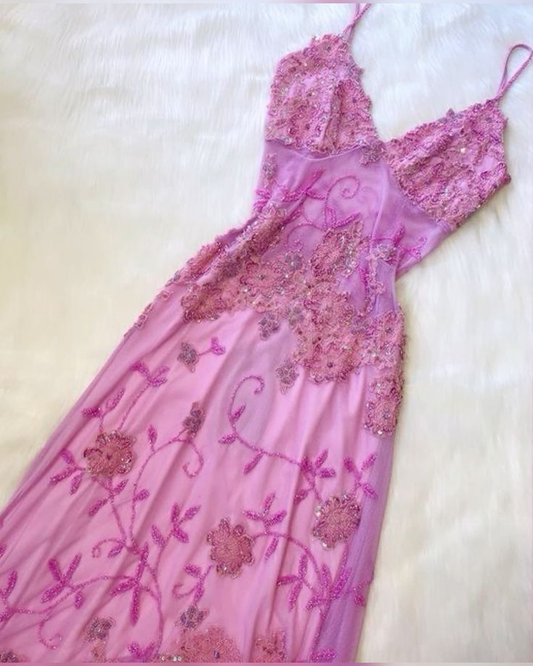 Sparkly Tulle Lace Beaded Prom Dress Pink Party Evening Gown cc2043