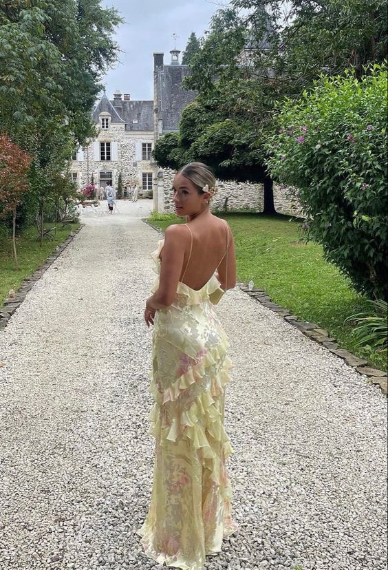 Charming Floral V-neck Spaghetti Strap Ruffle Mermaid Long Prom Dress Party Dress Evening Dress TP4493