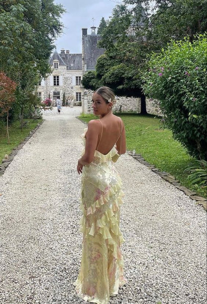Charming Floral V-neck Spaghetti Strap Ruffle Mermaid Long Prom Dress Party Dress Evening Dress TP4493