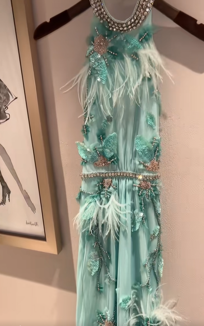 Stylish Green Halter Beaded Floral Feathers Mermaid Evening Dress Long Birthday Outfits SP843