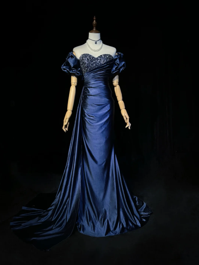 Elegant Off The Shoulder Navy Blue Satin Beaded Mermaid Long Evening Dress 18th Birthday Outfits SP1960