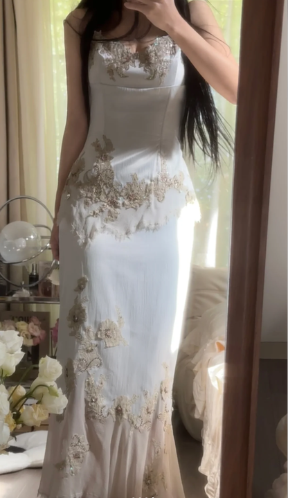 Vintage White Satin Appliques Chiffon Mermaid Long Birthday Prom Dress Party Gown