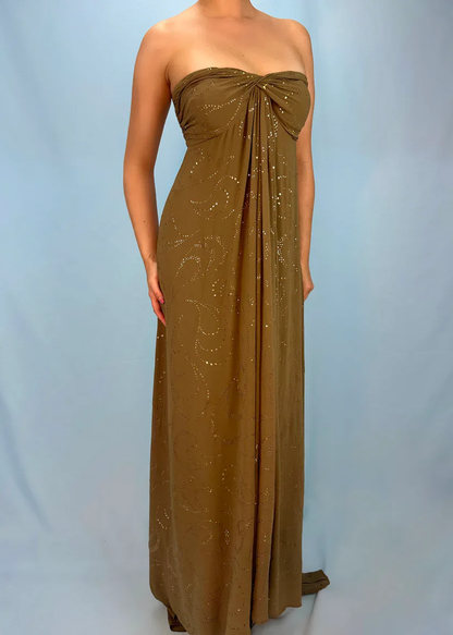 Vintage Matcha Green Strapless Satin Sequin Mermaid Evening Dress Long Birthday Party Gown