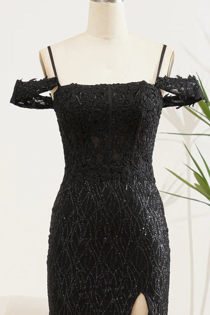 Sparkling black slit mermaid off shoulder ball dress