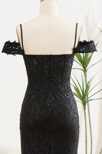 Sparkling black slit mermaid off shoulder ball dress