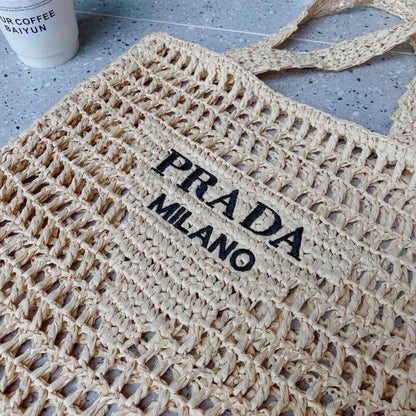 Prada Natural Logo Crochet Tote Bag
