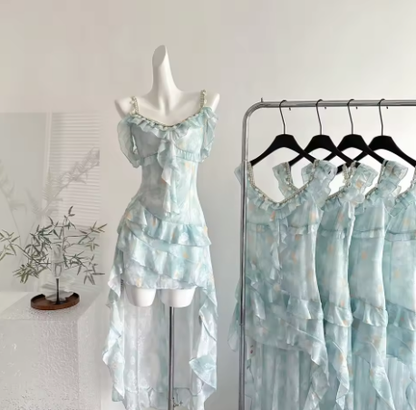 Simple Chiffon Blue Ruffle Party Dress Prom Gown cc3006