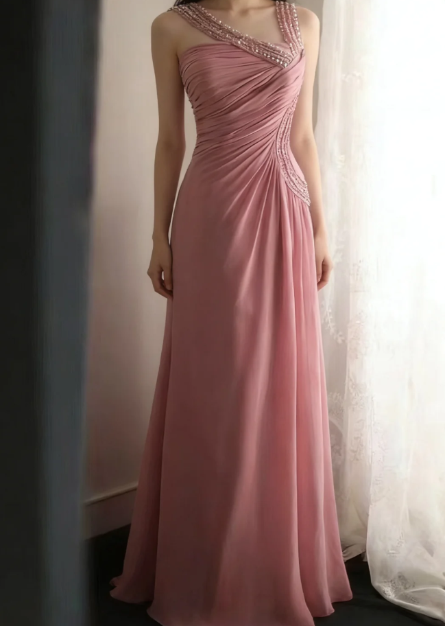 Fairy Pink Chiffon Sequin Beaded Mermaid Long Party Dress Birthday Evening Gown