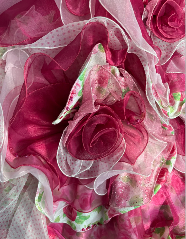 Pretty Strapless Rose Pink Satin Floral Beaded Tulle Layered Ball Gown Sweet Quinceanera Dress With Beaded SP1454